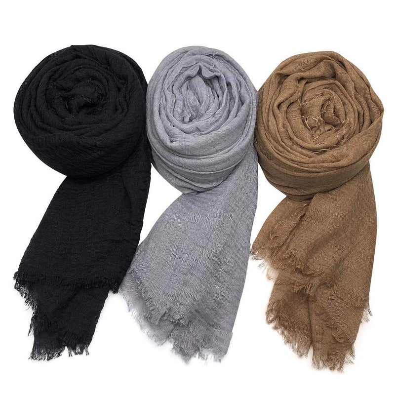 XRDSS Summer Cotton Blend Crinkle Vintage Soft Scarf with Fringed Edges 35" Ã— 70" (Black/Gray/Brown) - Image 1